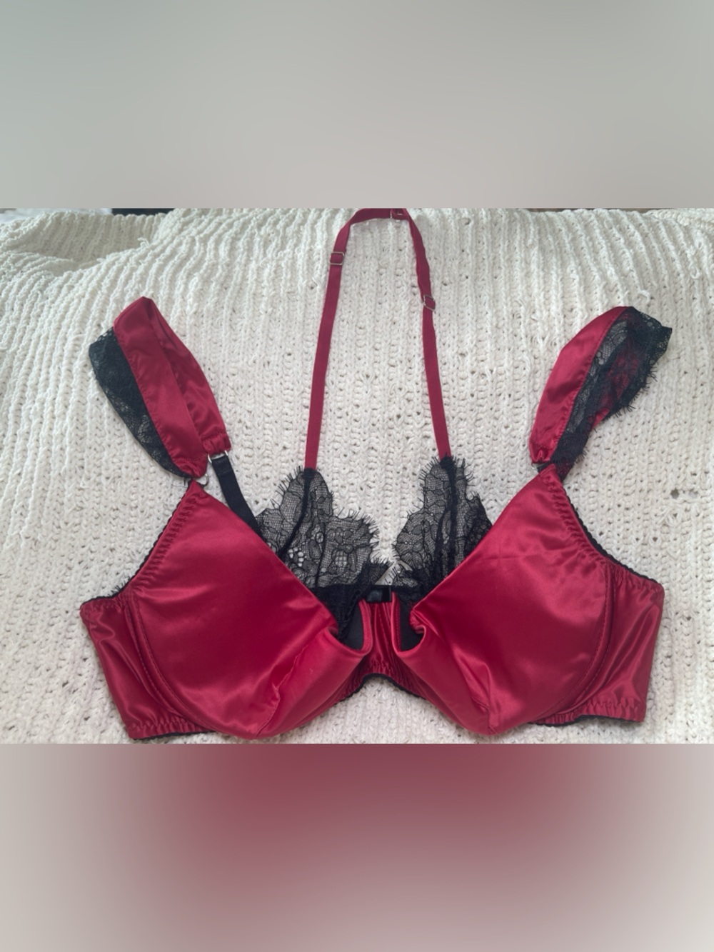 Source Unknown Red Satin Bra with Black Lace Trim
